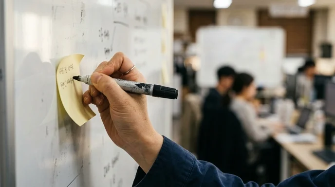 A marketer's hand writing on a curled sticky note on a smudged whiteboard with a worn marker.
