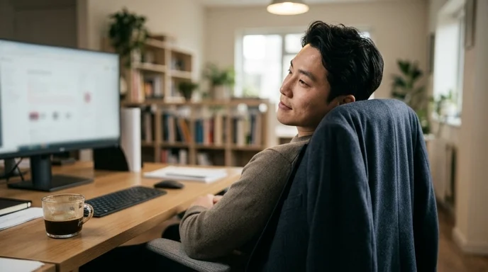 A content creator sitting back in a chair looking at an out-of-focus monitor.