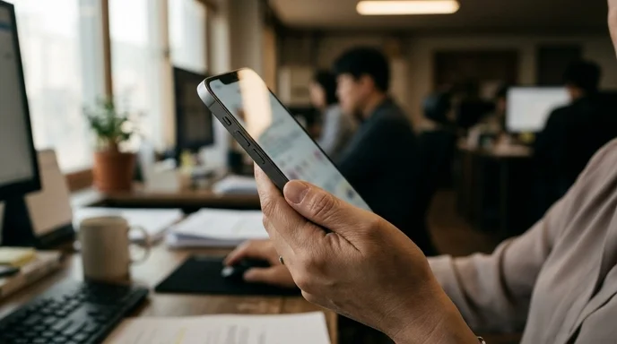 Close-up of a Korean marketer's hand swiping a smartphone screen with the background gently blurred out.