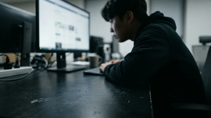 Silhouette of a Korean digital marketer leaning toward an out-of-focus monitor in a quiet workspace.