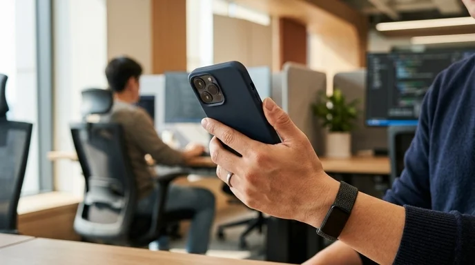 A generic smartphone held face-down by a Korean developer in a pristine workspace.