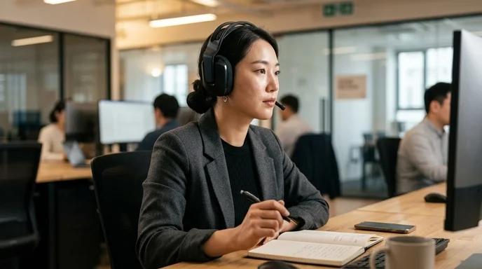 A Korean professional wearing a headset and holding a pen at a desk.