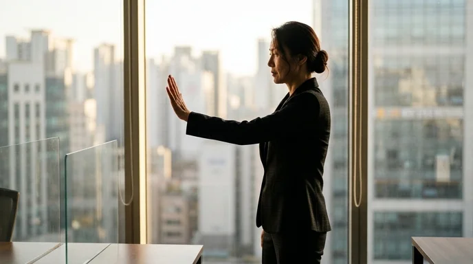 A consultant in silhouette holding up an open palm against a bright window.