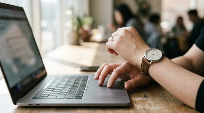 A Korean woman checking her watch while using a laptop trackpad.