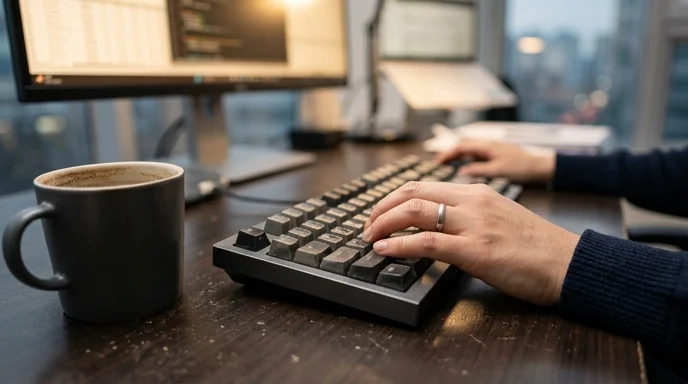 A marketer's hand resting on a worn mechanical keyboard next to a half-finished cup of coffee.