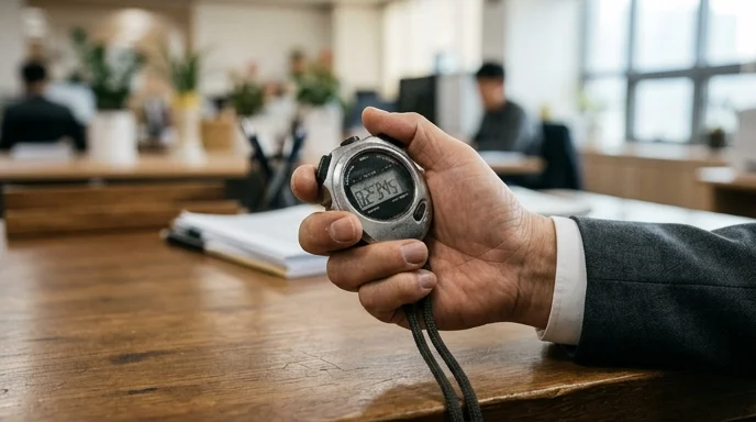 A manager's hand holding a metallic digital stopwatch over a desk.