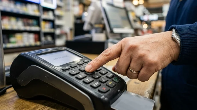 A hand pressing buttons on a card terminal with a matte surface.