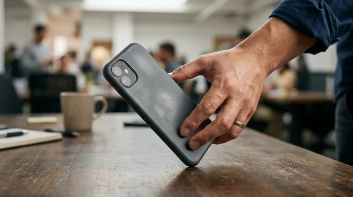 View of a Korean manager's hand lifting a generic unbranded smartphone with a scuffed silicone case.