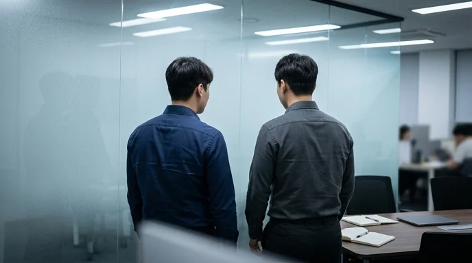 Two Korean marketing specialists viewed from behind standing near a frosted glass wall.