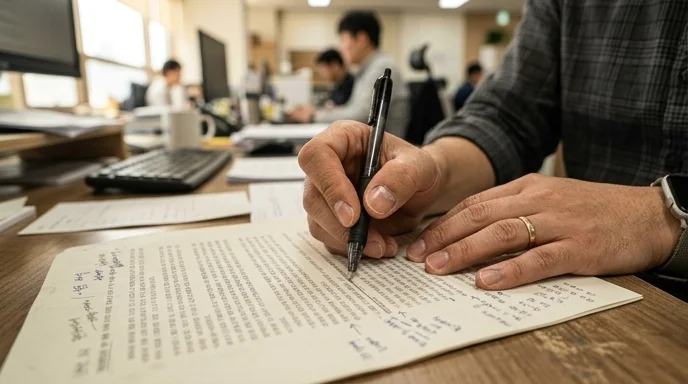 A hand holding a pen over a printed report with handwritten notes in the margins.