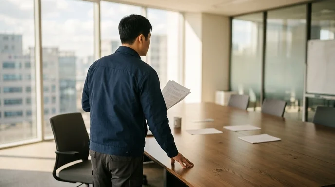 A Korean technician standing by a meeting table and holding a printed document, viewed from behind.