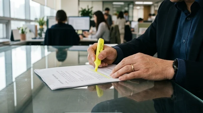 A Korean manager's hand marking a blurred printed workflow document with a highlighter on a desk.