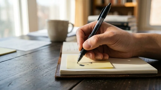 A Korean planner's hand drawing a line on a sticky note with a ballpoint pen on a wooden desk.