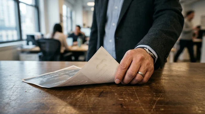A manager's hand turning a printed promotional flyer face down on a wooden desk near a window.
