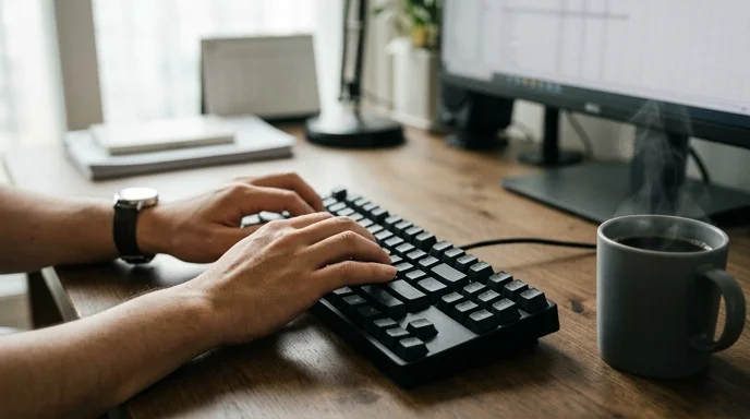 Typing on a mechanical keyboard with a steaming ceramic mug nearby on a desk.