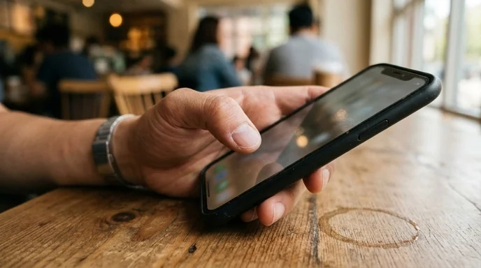 A job seeker's hand holding a smartphone over a wooden desk with a coffee ring.