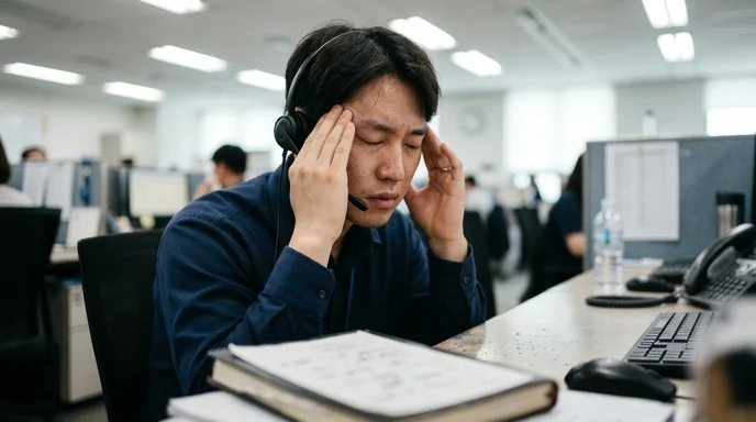 A Korean customer service agent pressing his temples in frustration at a desk.