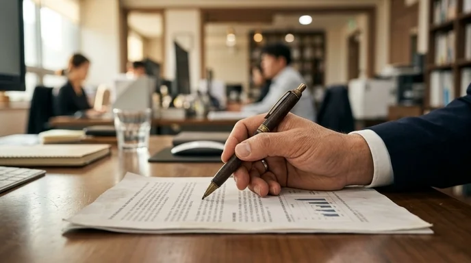 A consultant's hand uses a pen to point at a printed document on a desk.