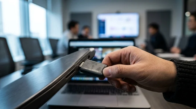 A Korean visitor's hand inserting a scratched wireless dongle into a laptop port with a blurred meeting room background.