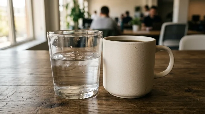 A clear glass tumbler and a matte ceramic mug placed side by side on a meeting table.