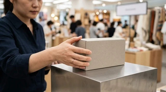 A hand examining a sleek packaging box on a display pedestal in a modern pop-up store.