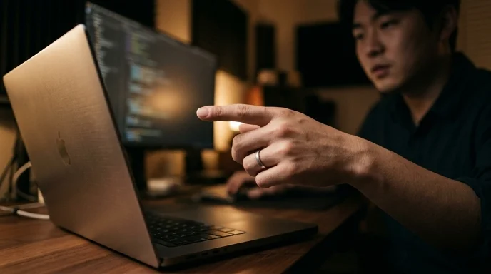 A Korean developer's hand gesturing towards an out-of-focus laptop screen in a studio.