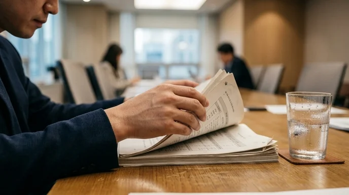 A Korean worker's hands browsing through printed documents on a meeting table.