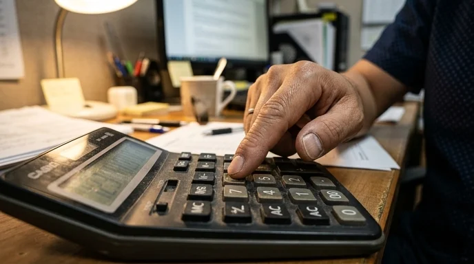 A Korean manager's finger pressing a button on a worn desktop calculator.