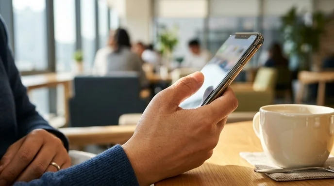 Close-up of a Korean employee's hand holding and swiping a smartphone in a bright office lounge setting.