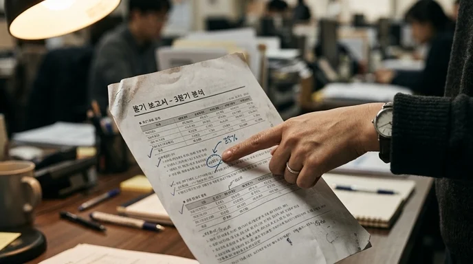A Korean planner's hand pointing at handwritten marks on a printed report under a desk lamp.