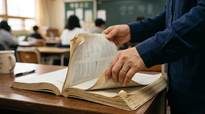 Two hands of a Korean teacher turning the dog-eared pages of a thick manual on a desk.