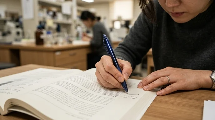 A Korean researcher's hands adding marks with a pen on the margin of a printed report.