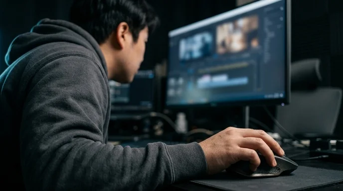 A Korean editor viewed from behind leaning toward an out-of-focus monitor.