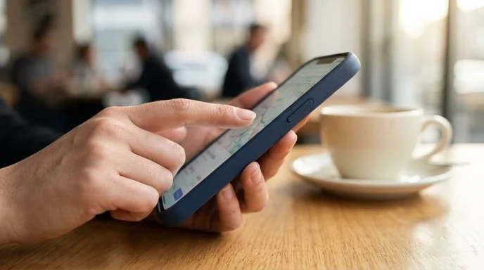 A woman's hand swiping a blurred smartphone screen over a wooden table.