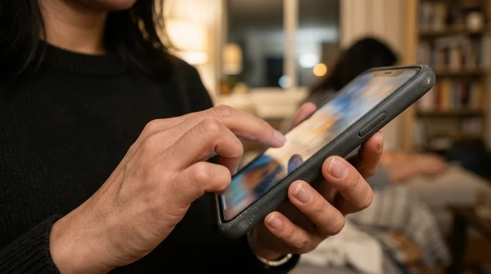 A Korean woman's thumb gently swipes the glass screen of a smartphone.