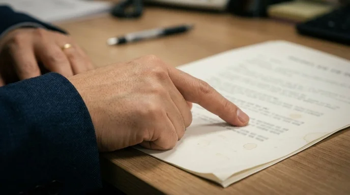 A Korean administrator's hand pointing at a printed document with out-of-focus text and dog-eared corners.