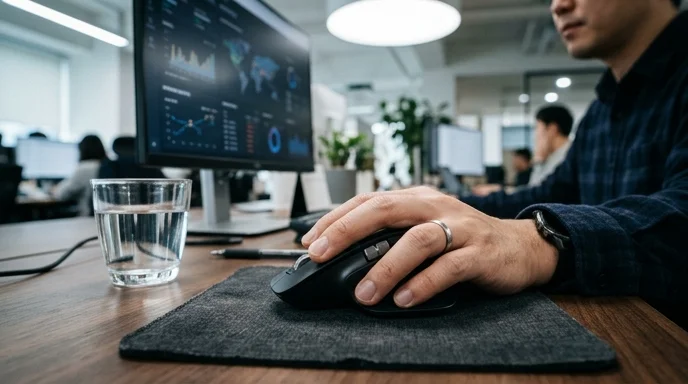 A marketer's hand resting on a computer mouse on a textured fabric pad next to a clear glass cup.