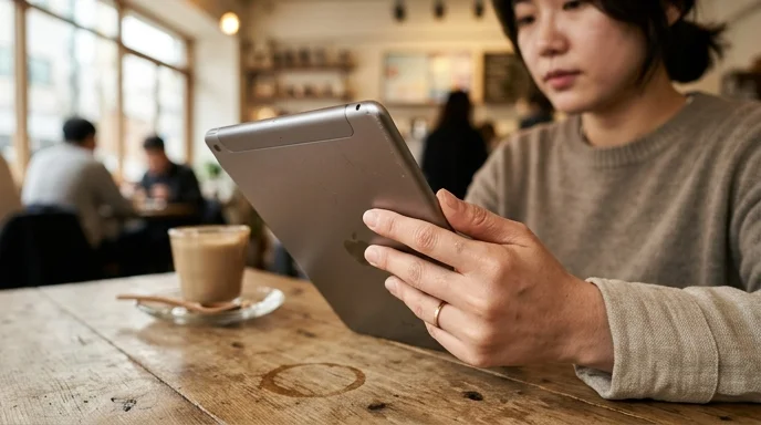 A Korean blogger's hands hold a tablet with blurred screen content at a cafe table with a coffee ring on the surface.