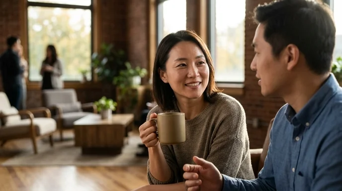 Two colleagues talking with ceramic mugs in a lounge-style event space, shot from a low angle.