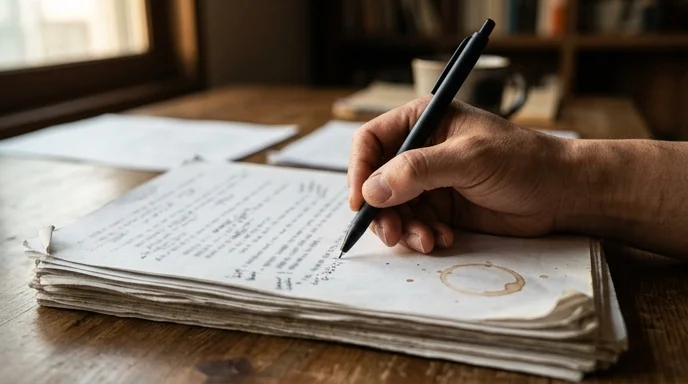 A Korean writer's hand marking an out-of-focus script with a pen.