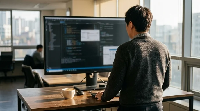 Back view of a Korean developer standing in front of an out-of-focus large monitor in a meeting room.