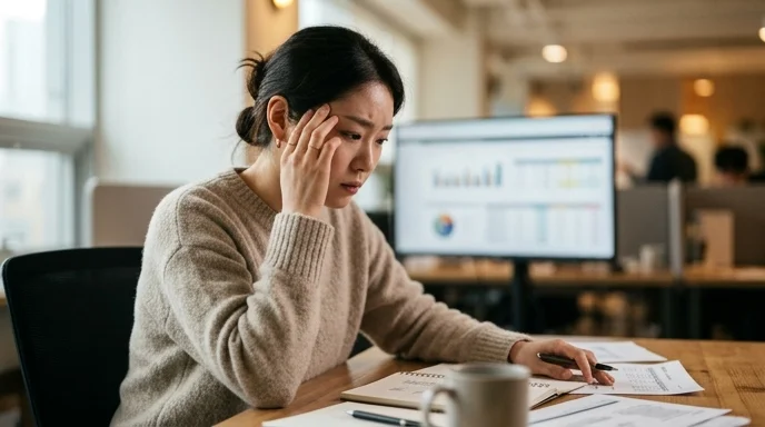 A Korean marketer sitting at a desk and pressing their temple while reviewing campaigns in a bright office.