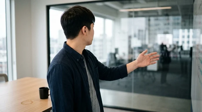 A Korean developer from behind gesturing towards a clear glass wall in a meeting room.