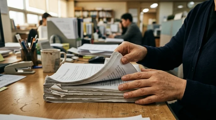 A manager's hands flipping through a thick stack of printed documents.