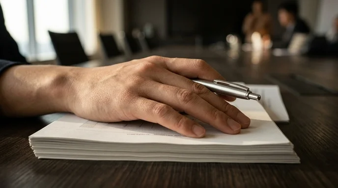 A Korean marketer's hand holding a pen over a stack of printed reports.