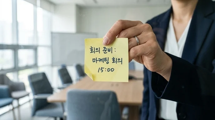 A Korean employee's hand pressing a creased sticky note onto a glass wall.