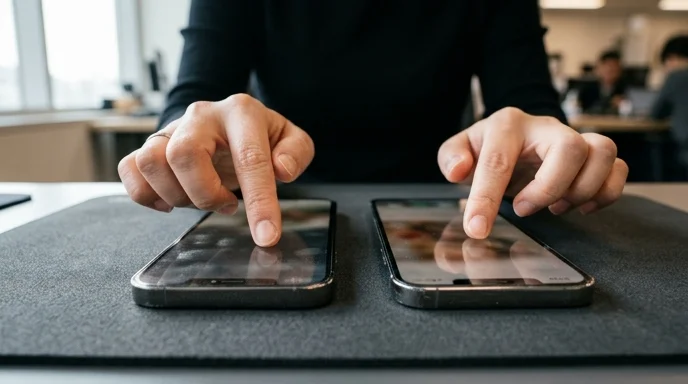 A Korean QA tester's hands interacting with two smartphones placed side by side.
