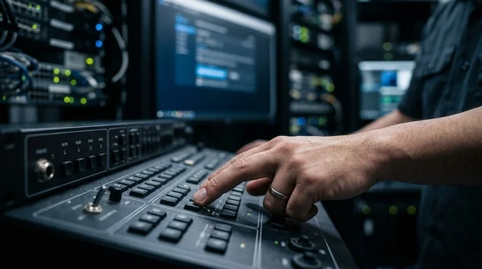 A Korean network engineer's hand operating a control panel with matte buttons.