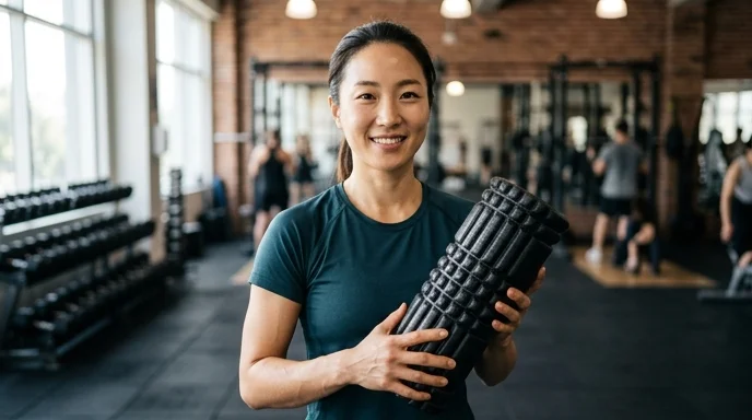 A fitness instructor explaining with a textured foam roller in a bright gym setting.