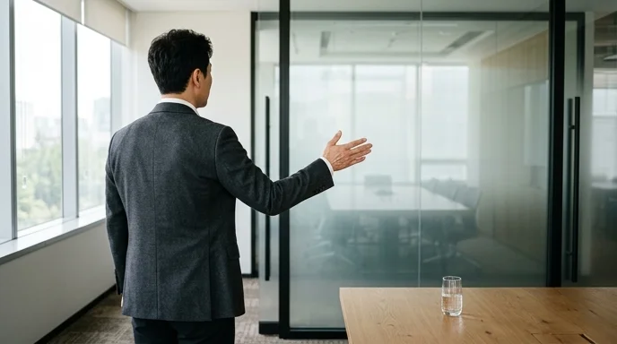 A Korean consultant gesturing toward a clean glass wall in a meeting room viewed from the back.
